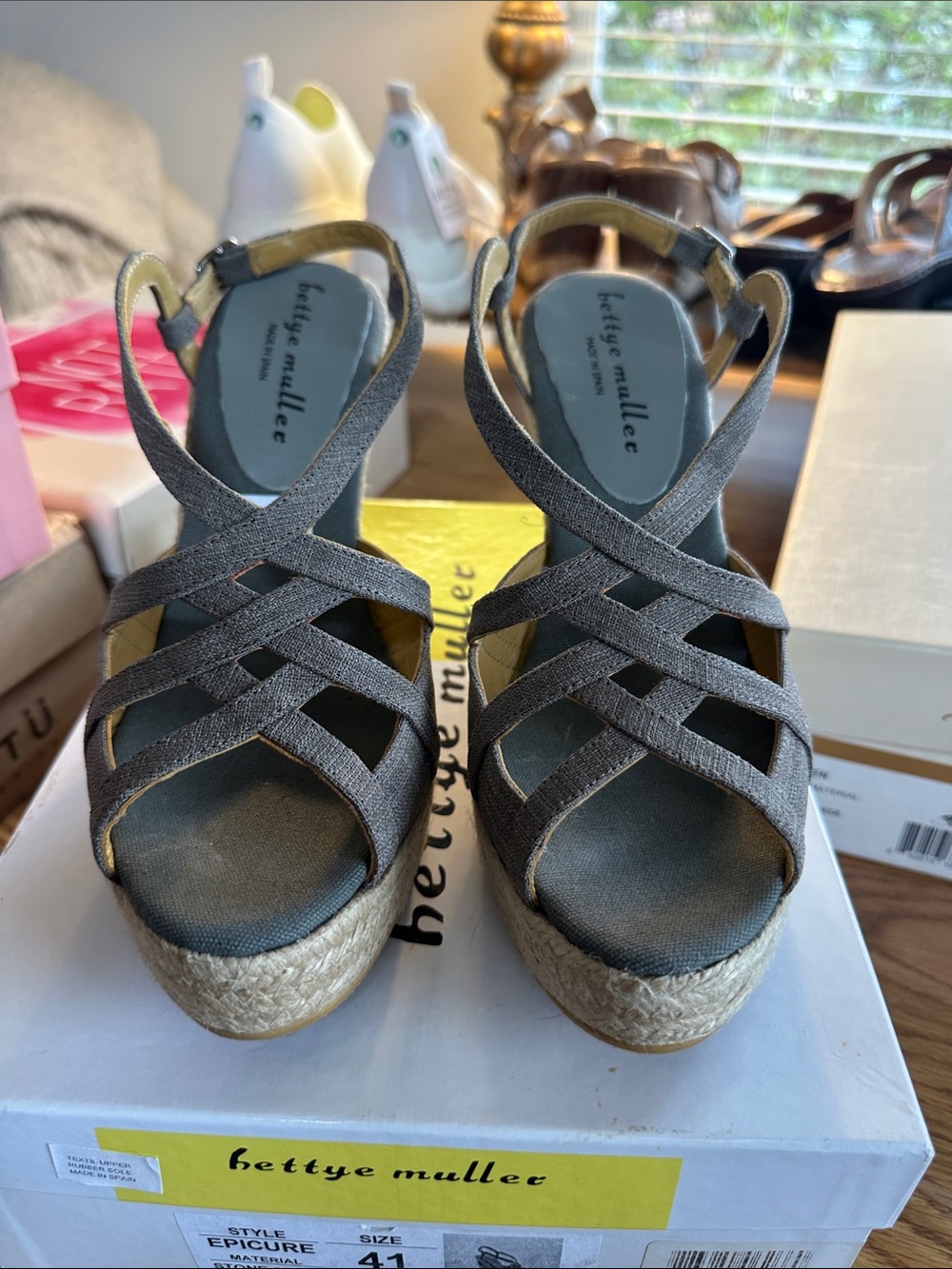 Bettye Muller, Stone Gray Espadrille Wedge Sandals, Ankle Strap 41/10.5-11, NIB